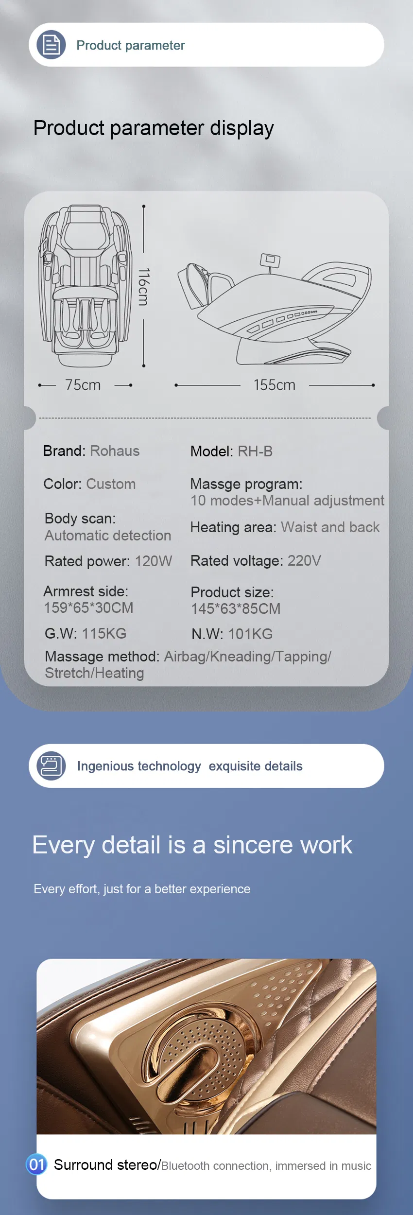 2021 Hot Sale Electric Full Body Shiatsu Smart Ai Music Massage Chai